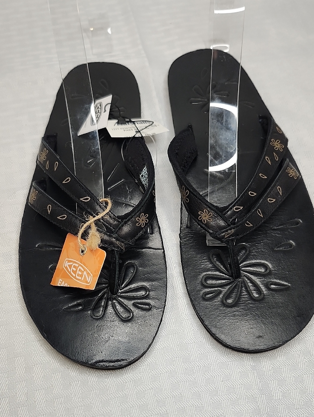 KEEN Leather Sandals Black Flip Flops Floral Accents NWT
